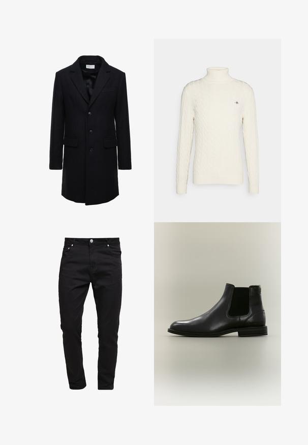 Manteau en laine bleu marine foncé au fit ajusté, à boutonnage simple, avec revers en pointe et deux poches à l'avant, doté d'une fermeture à bouton.; Pullover turtleneck en tricot torsadé crème, en texture douce, avec des poignets et un ourlet côtelés, arborant un petit logo sur la poitrine.; Jean noir en tissu denim, design slim fit, style à cinq poches, fermeture à bouton métallique, avec des détails de couture et une texture lisse.; Botte Chelsea en cuir noir avec panneau latéral élastique et talon bas, vue de côté extérieur sur fond neutre.
