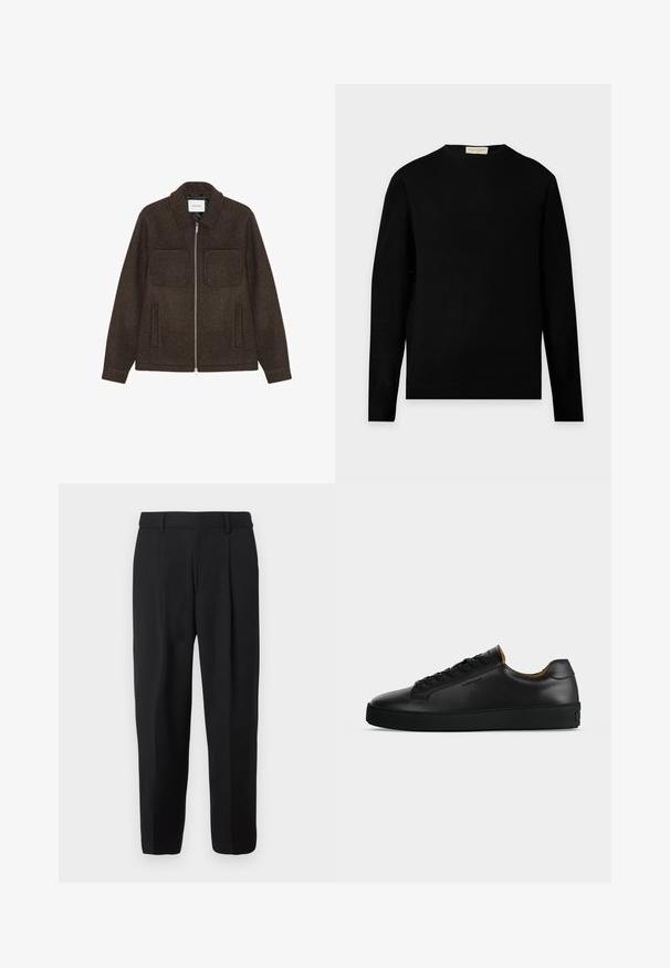 Mørkebrun uld zip-up jakke med to brystlommer, to sidelommer og krave.; Sort langærmet crewneck-trøje med et enkelt, ensfarvet design, vist mod en lysegrå baggrund.; Sorte bukser med lige ben design, lavet af vævet stof, med en flad front, bæltestropper og to sidelommer.; Sort lavtopet læder-sneaker med sorte snørebånd, tekstureret gummisål og lille præget logo på siden, vist i profil mod grå baggrund.