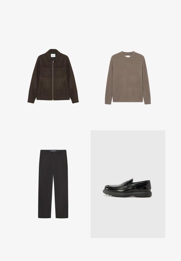 Veste zippée en laine brun foncé avec deux poches poitrine, deux poches latérales et un col.; Pull ras du cou de couleur marron neutre, avec un tissu tricoté texturé, des manches longues et des bords côtelés.; Pantalon noir en tissu lisse, avec une coupe droite, une taille avec un bouton de fermeture, et sans motifs ni accents visibles.; Mocassin en cuir noir avec une finition brillante, bout arrondi, détails de couture subtils et semelle en caoutchouc épaisse pour la durabilité.
