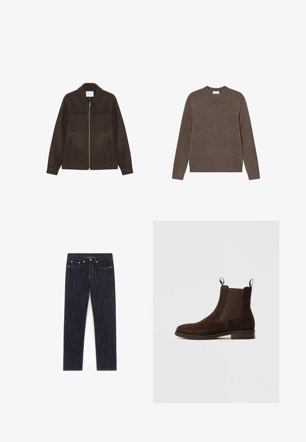 Veste zippée en laine brun foncé avec deux poches poitrine, deux poches latérales et un col.; Pull en tricot marron avec un col rond, des manches longues, un ourlet côtelé et une texture subtile, présentant des éclats de couleur plus claire tout au long.; Jean en denim foncé avec une coupe droite, cinq poches, quincaillerie en cuivre et coutures contrastées. Aucun effet vieilli ni embellissements visibles.; Bottine Chelsea en suède marron avec des panneaux élastiques sur les côtés, des tirettes en boucle, un bout arrondi et un petit talon empilé. La finition texturée ajoute du détail.
