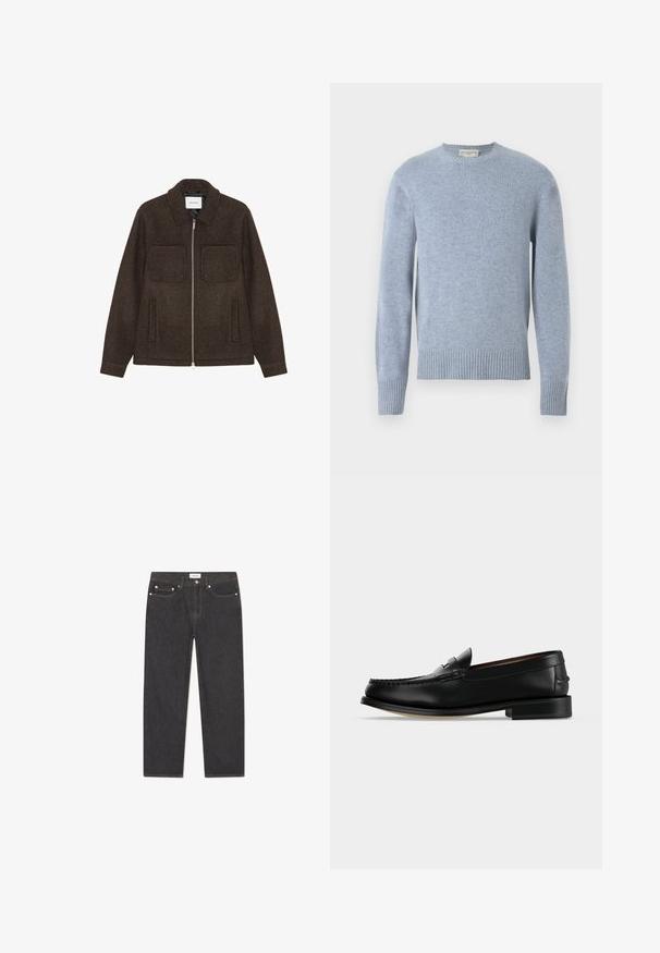 Mørkebrun uld zip-up jakke med to brystlommer, to sidelommer og krave.; Lysblå strikket sweater med rund hals, ribbede manchetter og kant. Fremstillet af blødt materiale, der har en glat overflade og en subtil finish.; Mørke denim jeans med lige ben, fem-lomme stil, metal hardware og en subtil tekstur; minimal branding på taljehøjden.; Sort læder herre loafer med lav hæl og mokkasinsyning på tåen, vist fra siden på en ensfarvet baggrund.