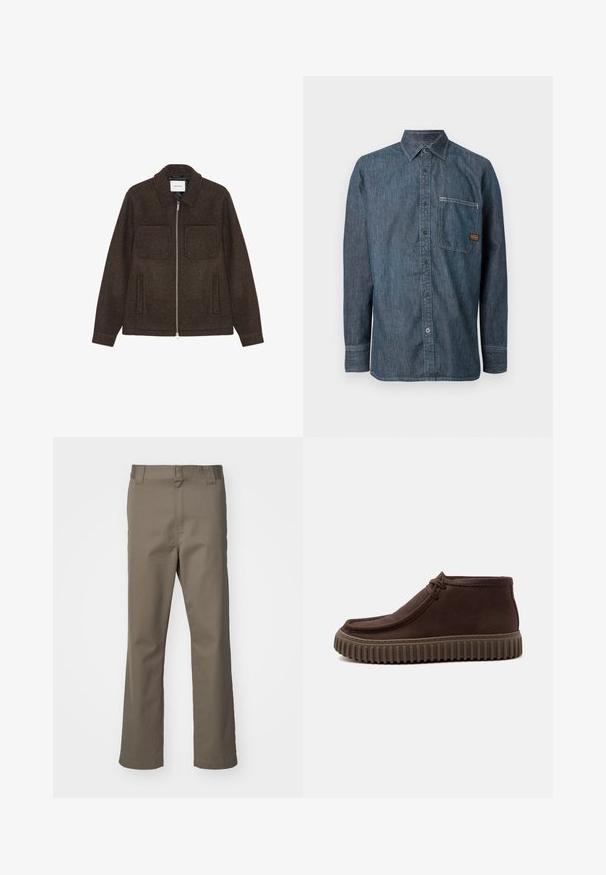 Donkerbruine wollen zip-up jas met twee borstzakken, twee zijzakken en een kraag.; Donkerblauw denim overhemd met lange mouwen, knoopsluiting en een borstzak. Heeft een klein merkje op de zak.; Bruine rechte broek met riemlussen, voorrits en zonder zichtbare zakken, weergegeven op een witte achtergrond.; Donkerbruine leren casual schoen met verhoogde afgeronde neus, veterdetail en dikke geribbelde rubberen zool, zijaanzicht op witte achtergrond.