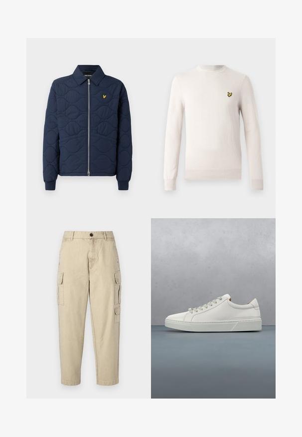 Navy-blau gesteppte Jacke mit Reißverschluss, spitzem Kragen, Rippbündchen und einem kleinen goldenen Logo auf der Brust. Glatte Textur mit Wellenmustern.; Hellbeiger Pullover mit langen Ärmeln, Rundhalsausschnitt und geripptem Saum. Mit einem kleinen schwarz-gelben bestickten Logo auf der Brust.; Beige Cargo-Hosen aus weichem Stoff, mit seitlichen Taschen, einem Knopfverschluss und einer schmal zulaufenden Beinform.; Weißes Leder-Sneaker mit abgerundetem Zehenbereich, minimalistisches Design, graue Schnürsenkel und einer strukturierten grauen Gummisohle. Dezente Nähte sichtbar.
