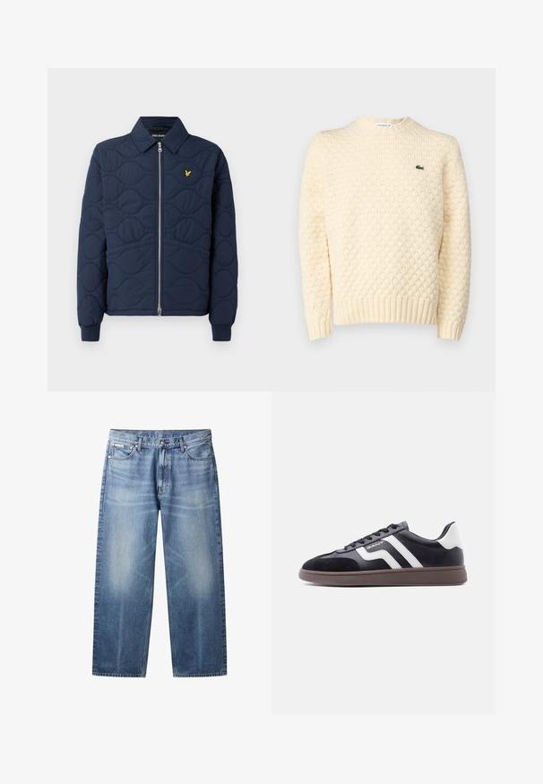 Navy-blau gesteppte Jacke mit Reißverschluss, spitzem Kragen, Rippbündchen und einem kleinen goldenen Logo auf der Brust. Glatte Textur mit Wellenmustern.; Cremfarbener Strickpullover mit strukturiertem Rautenmuster, gerippten Bündchen und Saum; beinhaltet ein kleines grünes Lacoste-Logo auf der Brust.; Hellblaue Jeans mit geradem Bein, ausgewaschenen Bereichen, fünf Taschen, Knopfverschluss und Calvin Klein-Label an der rechten Vordertasche.; Schwarze Sneaker aus Velours- und synthetischem Material mit weißen diagonalen Streifen und brauner, strukturierter Sohle. Verfügt über ein Schnürdesign und gepolsterten Kragen.