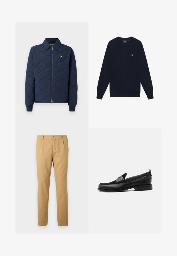 Navy-blau gesteppte Jacke mit Reißverschluss, spitzem Kragen, Rippbündchen und einem kleinen goldenen Logo auf der Brust. Glatte Textur mit Wellenmustern.; Marineblauer Langarm-Pullover mit Rundhalsausschnitt und kleinem gelben gestickten Adler-Logo auf der linken Brust.; Beige Baumwollhose mit geradem Bein, Reißverschluss und Knopfverschluss sowie Taschen vorne und hinten.; Schwarzer Lederloafer mit grauem Riemendetail, niedrigem Absatz und strukturierter Sohle, seitlich mit „HUGO“ in Gold gebrandmarkt.