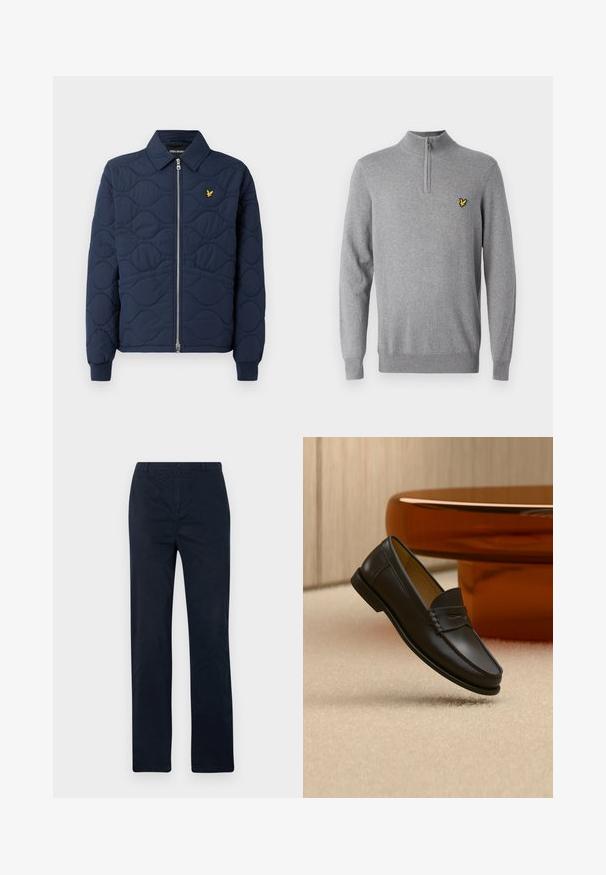 Navy-blau gesteppte Jacke mit Reißverschluss, spitzem Kragen, Rippbündchen und einem kleinen goldenen Logo auf der Brust. Glatte Textur mit Wellenmustern.; Grauer Pullover aus Strickstoff mit einem Viertelreißverschluss-Kragen und gerippten Bündchen. Verfügt über ein kleines gelbes besticktes Logo auf der Brust.; Marineblaue Hose aus Baumwolle mit geradem Bein, vorn mit Knopfverschluss und ohne sichtbare Muster oder Akzente.; Schwarzer Leder-Loafer, der über einem hellbeigen Teppich schwebt, mit bernsteinfarbenen modernen Möbeln im Hintergrund.