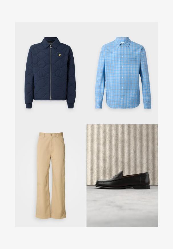 Navy-blau gesteppte Jacke mit Reißverschluss, spitzem Kragen, Rippbündchen und einem kleinen goldenen Logo auf der Brust. Glatte Textur mit Wellenmustern.; Hellblau kariertes Hemd mit langen Ärmeln, Kragen und einer Brusttasche. Mit weißen und schwarzen Gitterakzenten.; Beige, weit geschnittene Hosen aus einer Baumwollmischung. Mit einem Knopfverschluss und Gürtelschlaufen. Glatte Textur mit minimalen Nähten.; Schwarzer Pennyloafer aus Leder mit niedrigem Absatz, abgerundeter Spitze und genähten Details vorne und an den Seiten, gezeigt vor neutralem Hintergrund.