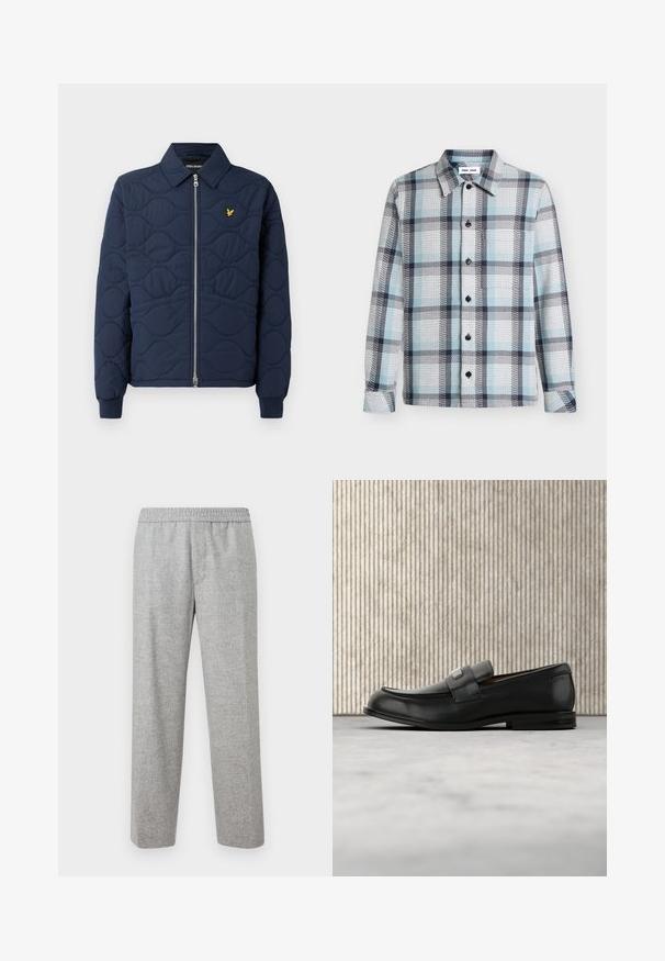 Veste matelassée navy avec fermeture éclair à l'avant, col pointu, manches côtelées et un petit logo doré sur la poitrine. Texture lisse avec des motifs en vagues.; Chemise à manches longues boutonnée avec motif à carreaux bleu clair, blanc et noir et col pointu.; Pantalons en tissu texturé gris clair, avec une taille élastique. Design à jambe droite, sans poches visibles ni détails matériels.; Mocassin en cuir noir avec une plaque de marque en métal reposant près d'une table ronde marron sur un sol recouvert de moquette beige.