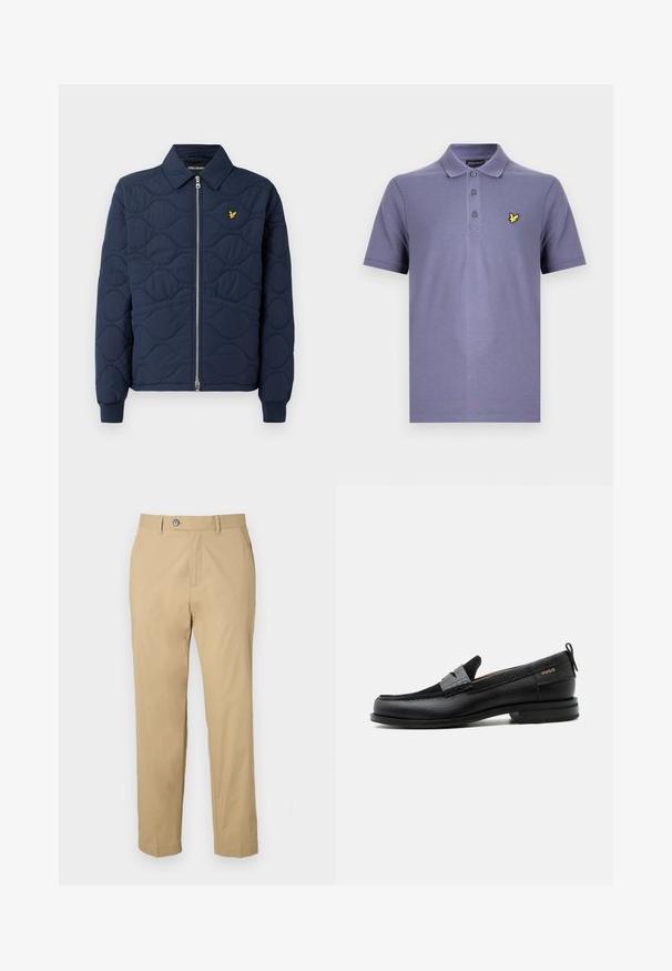 Navy-blau gesteppte Jacke mit Reißverschluss, spitzem Kragen, Rippbündchen und einem kleinen goldenen Logo auf der Brust. Glatte Textur mit Wellenmustern.; Lila Poloshirt mit dreiknöpfigem Knopfleiste, kurzen Ärmeln und kleinem gelbem Vogel-Logo auf der linken Brust. Baumwollmischgewebe.; Beige Hosen aus Baumwollmischung mit geradem Bein, vorderen Taschen und Knopfverschluss. Glatte Textur und umgeschlagene Säume.; Schwarzer Lederloafer mit grauem Riemendetail, niedrigem Absatz und strukturierter Sohle, seitlich mit „HUGO“ in Gold gebrandmarkt.