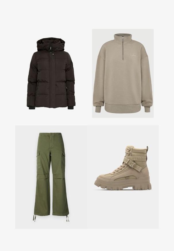 Zwarte pufferjack met een capuchon, voorzien van een horizontaal doorgestikt ontwerp, ritssluiting aan de voorkant, drukknoopsluiting en zijzakken met ritsen.; Beige kwart-zip sweatshirt met hoge kraag, geribbelde manchetten en zoom, en klein "LeGer" logo geborduurd op de borst.; Olijfgroene cargobroek van katoen, met een brede pijpdesign, twee zijzakken en verstelbare touwen aan de zoom.; Tan hoge laarzen van synthetisch materiaal, met een chunky zool, gestructureerde stofaccenten en een band met logo-detail.