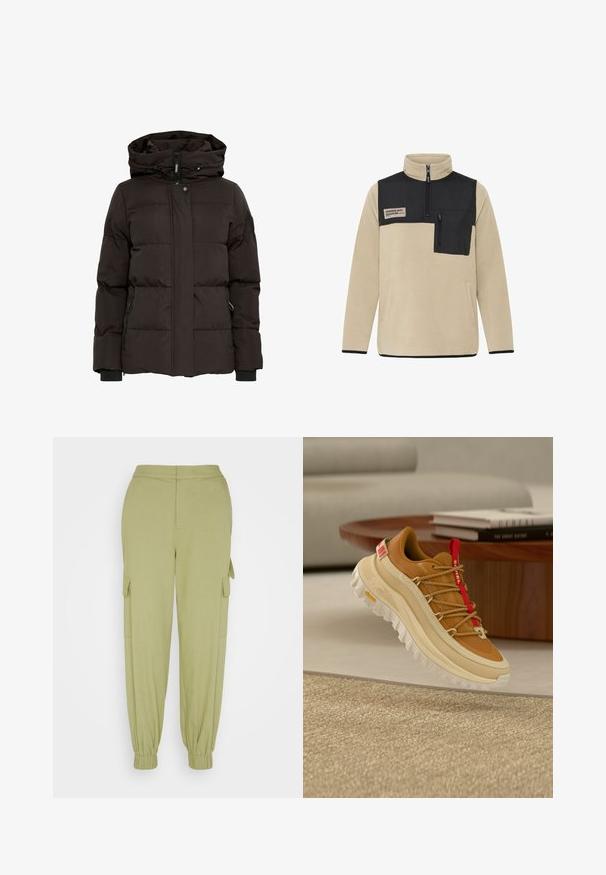 Zwarte pufferjack met een capuchon, voorzien van een horizontaal doorgestikt ontwerp, ritssluiting aan de voorkant, drukknoopsluiting en zijzakken met ritsen.; Beige fleece pullover met een zwart bovenpaneel, kraag met halve rits, ritszak op de borst en contrasterende zwarte zoom en manchetten.; Selected SLFCILLE PANT - Cargobroek - basil; Bruine en beige wandelschoen met rode tongtreklip, dikke witte zool en veter in touwstijl, zwevend boven een geweven beige tapijt binnen.