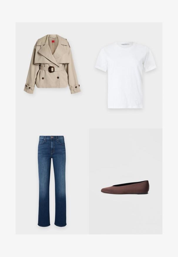 Trench-coat court beige avec large revers, boutons croisés, ceinture à la taille avec boucle écaille de tortue et pattes de manches boutonnées.; T-shirt blanc uni à manches courtes et col rond, posé à plat sur un fond clair, vue de face avec une petite étiquette de marque visible à l'intérieur du col.; Jeans en denim, bleu moyen, taille ajustée, jambe droite, légère décoloration à l'ourlet, conception à cinq poches, fermeture par bouton en métal.; Ballerines en tissu marron avec un bout pointu et une texture lisse, dotées d'un talon bas et d'une fine semelle noire. Aucune motif ni élément métallique visible.
