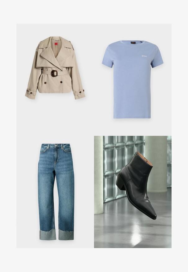 Trench-coat court beige avec large revers, boutons croisés, ceinture à la taille avec boucle écaille de tortue et pattes de manches boutonnées.; T-shirt en coton bleu clair à manches courtes, col rond, avec le logo BOSS brodé en blanc sur le côté gauche de la poitrine. Texture douce, coupe décontractée.; Jean en denim bleu clair avec une coupe ample et droite. Caractérisé par un ourlet effiloché et un détail de revers contrastant. Conception à cinq poches avec fermeture par bouton.; Bottine en cuir noir avec un bout pointu et un talon carré lévitant au-dessus d'un sol gris réfléchissant près d'un mur en blocs de verre.