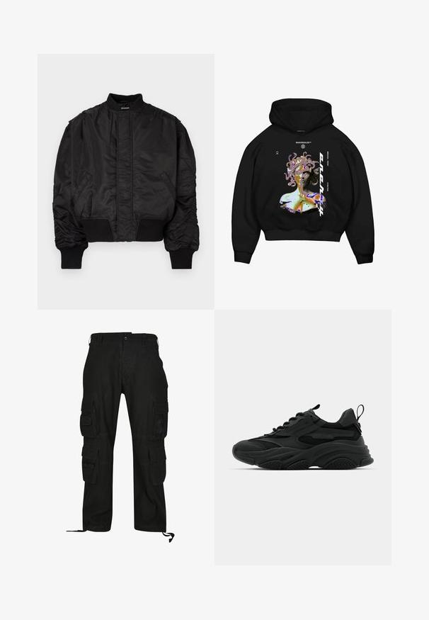Zwarte bomberjack met een hoge kraag, opgeblazen mouwen, geribbelde manchetten en tailleband, en een gladde satijnen afwerking. Voorzien van zijzakken.; Zwarte hoodie met een multikleurige graphic van een Medusa-achtige figuur, met opvallende tekst en een voorkangoeroezak.; Zwarte cargobroek van duurzaam materiaal, met meerdere zijzakken, een relaxed fit en verstelbare enkelbanden.; Zwarte sportieve sneakers met een chunky zool, mesh panelen en rubberen accenten. Voorzien van een trekband aan de hak en gestructureerde patronen.