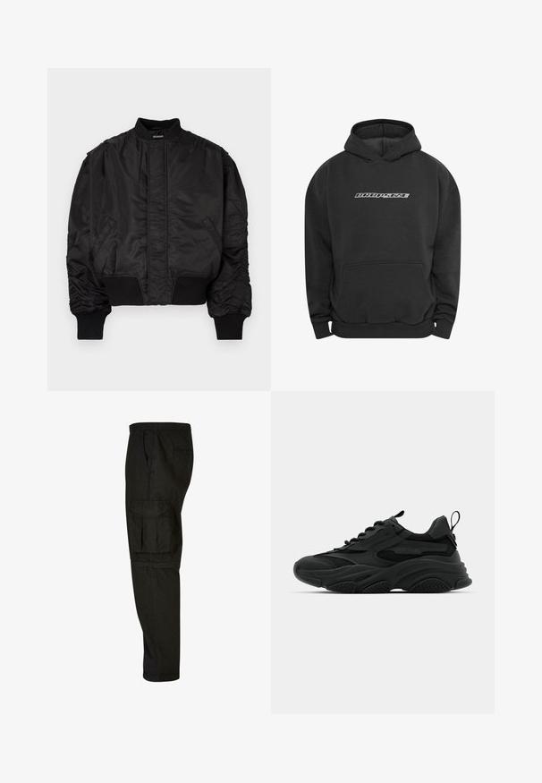 Black bomber jacket with a high collar, puffed sleeves, ribbed cuffs and waistband, and a smooth satin finish. Features side pockets.; Dropsize MOBILE PHONE DESIGN - Hoodie - washedblack; Black cargo pants with a relaxed fit, elastic waistband, side pockets, and a large cargo pocket on the thigh. Soft, lightweight fabric.; Black athletic sneakers with a chunky sole, mesh panels, and rubber accents. Features a pull tab at the heel and textured patterns.