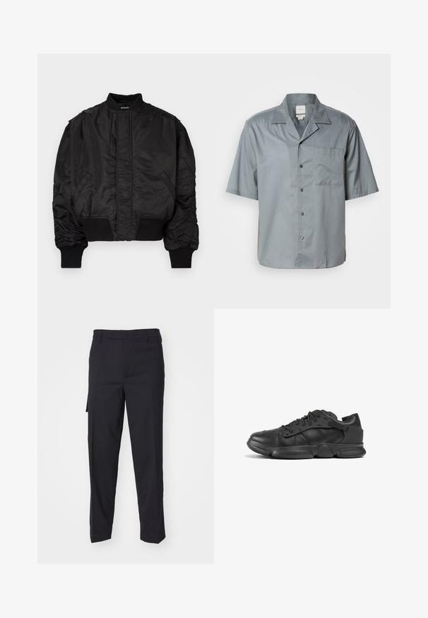 Zwarte bomberjack met een hoge kraag, opgeblazen mouwen, geribbelde manchetten en tailleband, en een gladde satijnen afwerking. Voorzien van zijzakken.; Korte mouwen knoopshirt van lichtgrijze stof met een gladde textuur, voorzien van een borstzak en een klassiek kraagontwerp.; Zwarte broek van een gladde, geweven stof. Heeft een rechte snit, slim fit, riemlussen en een zijzak.; Zwarte sneakers van leer met een gestructureerde afwerking, met een ronde neus, veters en een dikke rubberen zool voor ondersteuning.