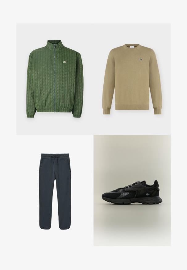 Grüne Zip-Jacke mit geometrischem Muster, hohem Kragen, elastischen Bündchen und einem Lacoste-Logo auf der Brust. Leichtes Material.; Beiger Langarm-Pullover mit Rundhalsausschnitt, gerippten Bündchen und Saum, mit kleinem grünen besticktem Krokodil-Logo auf der linken Brust.; Dunkelgraue sweatpants aus weichem Material. Mit elastischem Bund und Kordelzug, seitlichen Taschen und gerippten Bündchen. Dezentes Logo-Detail.; Schwarzer Lacoste-Sneaker mit Netz- und Wildlederpaneelen, schwarzer Sohle, Schnürsenkeln, Logo und Koordinatentext an der Seite auf einem schlichten beigen Hintergrund.