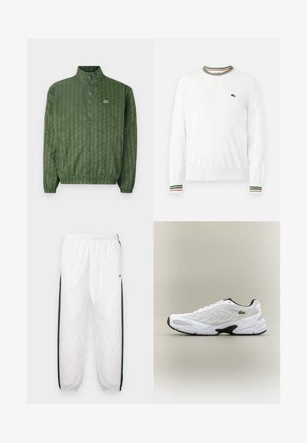 Zelená bunda na zips s geometrickým vzorom, vysokým golierom, elastickými manžetami a logom Lacoste na hrudi. Ľahký materiál.; Biely sveter s okrúhlym výstrihom, ktorý má na golieri a rukávoch pruhy v zelených, červených a oranžových odtieňoch. Logo Lacoste na hrudi.; Biele športové nohavice s tmavozelenými bočnými panelmi. Ľahký materiál, elastický pás a sťahované lemy. Obsahujú sieťovinovú textúru na bočných paneloch.; Biele atletické tenisky s textúrovaným sieťovinovým zvrškom, zakriveným dizajnom a kontrastnou čiernou podrážkou. S greennou vyšívanou nášivkou na boku.