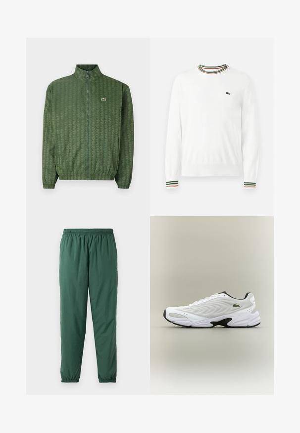 Grøn lynlåsjakke med geometrisk mønster, høj krave, elastiske manchetter og Lacoste-logo på brystet. Letvægtsmateriale.; Hvid sweater med rund hals, prydet med grønne, røde og orange striber på kraven og ærmerne. Lacoste-logo på brystet.; Grønne, lette, elastiske bukser med en rynket talje og manchetter, lavet af et glat, vandafvisende materiale.; Hvide atletiske sko med tekstureret mesh-overdel, buet design og kontrasterende sort ydersål. Har en grøn broderet logo på siden.