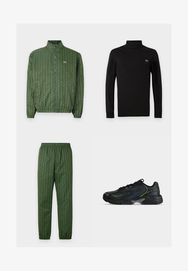 Groene ritsjack met een geometrisch patroon, hoge kraag, elastische manchetten en een Lacoste-logo op de borst. Lichtgewicht materiaal.; Zwarte turtleneck met lange mouwen, gemaakt van een gladde katoenstof, met een klein groen krokodillogo op de linkerborst.; Groene sportbroeken met een elastische tailleband, taps toelopende benen en een geometrisch patroon. Gemaakt van lichtgewicht materiaal.; Zwarte en marineblauwe sneaker met groene accenten, vetersluiting en stevige zool, zijaanzicht met de tekst "STORM 2K" nabij de hiel.