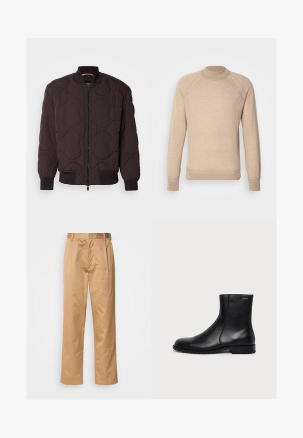 Mørkebrun quilted bomberjakke med frontlynlås, ribbede manchetter og krave samt subtile cirkulære stikmønstre.; Beige pullover sweater med ribbet mock neck, lange ærmer og raglan skuldersømme, lavet af glat materiale. Simpelt, rent design.; Khaki bukser, blanding af bomuld, lige ben-design, frontfald, bæltesløjfer og knaplukning. Glat tekstur uden mønstre.; Sort læderankelstøvle med lav hæl, sidelås og lille "HUGO"-logo nær toppen på en ensfarvet lys baggrund.