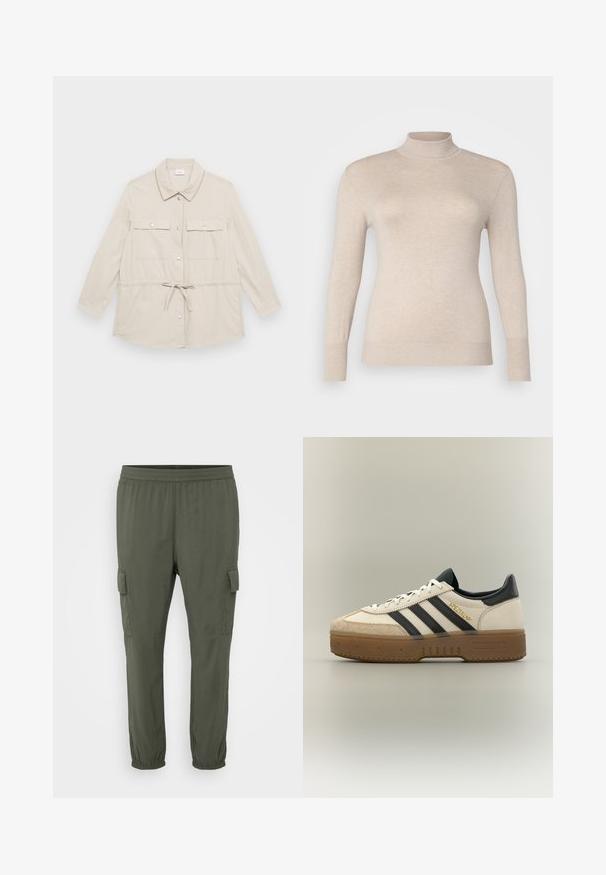 Lys beige knap-op-jakke med lange ærmer, to brystlommer og snoretræk i taljen for justerbar pasform. Glat stofstruktur, klassisk krave.; Beige højhalset sweater lavet af et blødt stof, med lange ærmer og ribbede manchetter. Glat tekstur uden mønstre eller udsmykninger.; Grønne cargo bukser med elastisk talje, indsnævrede ben og sidelommer. Fremstillet af letvægtsstof med en glat tekstur.; Hvid Adidas sneaker med sorte striber, beige ruskindstå, brun sål og "SPEZIAL" i guldskrift på siden.