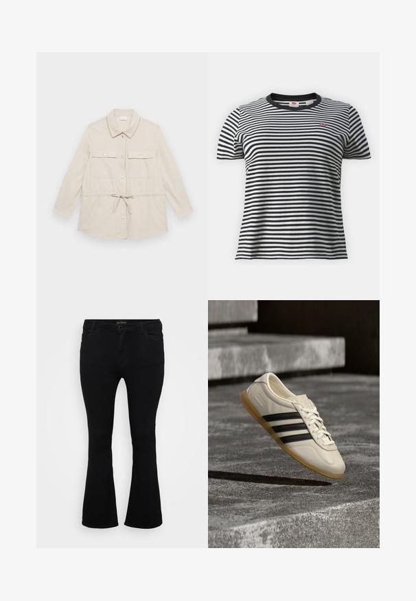 Lys beige knap-op-jakke med lange ærmer, to brystlommer og snoretræk i taljen for justerbar pasform. Glat stofstruktur, klassisk krave.; Sorte og hvide stribede t-shirts med korte ærmer, rund hals og et lille rødt logo på venstre bryst. Blødt bomuldsstof.; Sorte viddejeans lavet af denim, med knaplukning, fem lomme og en glat overflade. Klassisk design med flagrende kant.; Hvid sneaker med sorte striber og gummisål svæver over betontrapper i blødt dagslys.