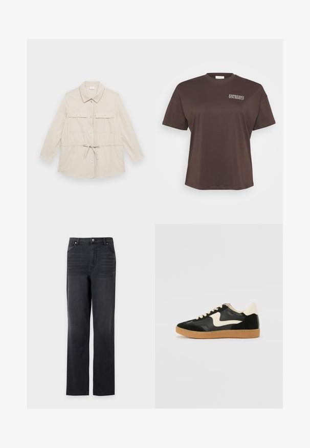 Lys beige knap-op-jakke med lange ærmer, to brystlommer og snoretræk i taljen for justerbar pasform. Glat stofstruktur, klassisk krave.; Brun t-shirt med korte ærmer og teksten "ESPRESSO YOURSELF" i hvidt på øverste venstre side. Simpelt, afslappet design.; Sorte jeans med lige ben, frontlommer og bæltestropper, vist mod en hvid baggrund.; Sorte ruskinds- og lædersneakers med en cremefarvet side-swoosh og lys cremefarvet hæl. Har beige snørebånd og en gummirubber-sål.