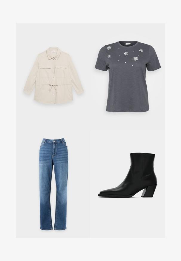 Lys beige knap-op-jakke med lange ærmer, to brystlommer og snoretræk i taljen for justerbar pasform. Glat stofstruktur, klassisk krave.; Grå bomulds T-shirt med korte ærmer, prydet med metallic blomsterapplikationer og palietter arrangeret på forsiden. Blød tekstur, afslappet pasform.; Blå straight-fit jeans med knap- og lynlåslukning, for- og baglommer, vist på en ensfarvet hvid baggrund.; Sortlæder ankelstøvle med spids tå, en slank silhuet og en kraftig firkantet hæl. Glat tekstur med minimale stikninger.