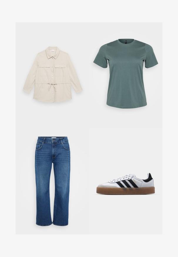 Lys beige knap-op-jakke med lange ærmer, to brystlommer og snoretræk i taljen for justerbar pasform. Glat stofstruktur, klassisk krave.; Kortærmet t-shirt i afdæmpet grøn, rund halsudskæring, lavet af blød bomuldsblanding, med en glat tekstur og løs pasform.; Bredde ben jeans i mørkeblå denim. Har fem lommer, bælteskydere og svag falmning langs benene. Glat tekstur med en standart pasform.; Hvide lædersneakers med sorte striber, gummirubber sål, rund tå, snørelukning og blød grå ruskinds tåhætte.