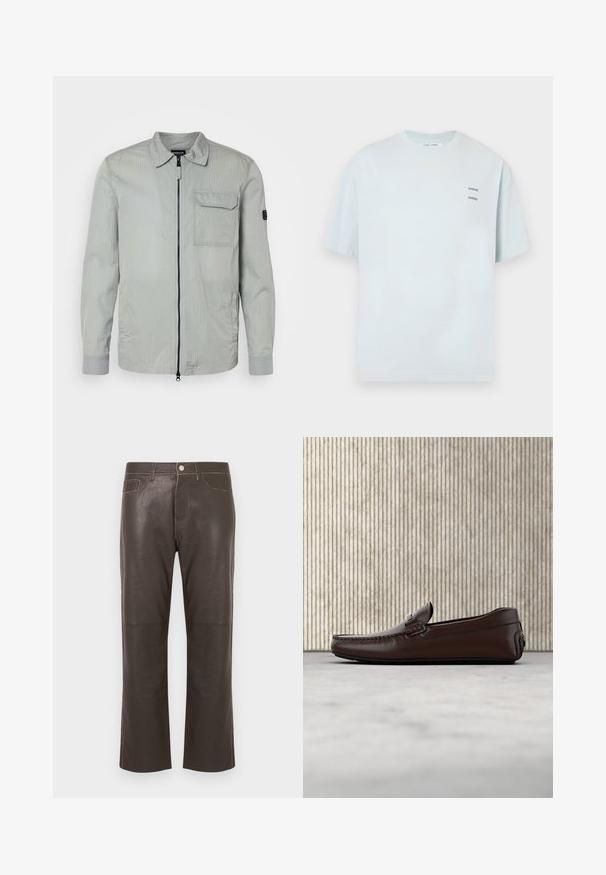 Hellgraue Jacke mit strukturierter Oberfläche, Reißverschluss vorne, spitzem Kragen und Brusttasche; mit kontrastierenden grauen Bündchen und subtiler Markenkennzeichnung.; Hellblaues T-Shirt mit kurzen Ärmeln und rundem Ausschnitt, mit zwei gedruckten "SAMSØE"-Logos auf der linken Brustseite. Hergestellt aus weichem Stoff.; Dunkelbraune Lederhose mit geradem Bein, vorderem Knopf- und Reißverschluss, Gürtelschlaufen und Kontrastnaht-Details.; Braune Leder-Loafer mit glatter Oberfläche, Mokassinstich, erhöhtem Zehenbereich und einer flexiblen Gummisohle in niedriger Höhe.