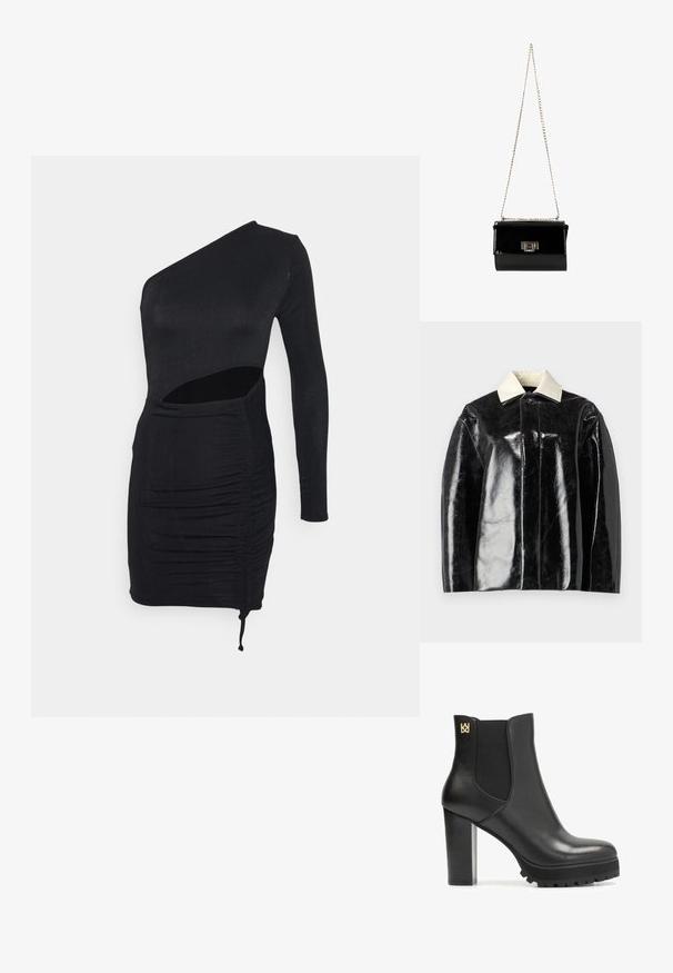 Sort glansjakke med en struktureret design, der har en krémhvid krave og en knaplukning, lavet af glat, shiny materiale.; IN THE STYLE RUCHED CUT OUT SLINKY MINI DRESS - Jerseykjole - black; Sort læder ankelstøvle med elastiske sidepaneler, chunky høj hæl, gummisål med skridsikre mønstre og et guld accentlogo på bagsiden.; Sort patentlæder håndtaske med en guldkæde-strop, rektangulær form, med en frontklaplukning og et metallisk logo-accent.