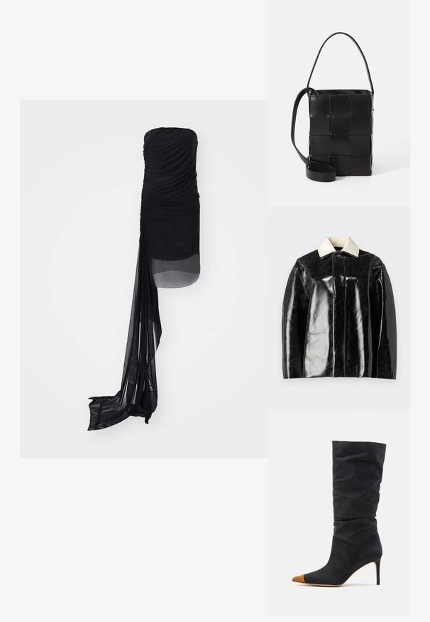 Schwarze glänzende Jacke mit strukturiertem Design, ausgestattet mit einem cremeweißen Kragen und einer Knopfschließe, aus glattem, glänzendem Material gefertigt.; Schwarzes, ärmelloses Kleid aus gerafftem Stoff, mit einem transparenten Überzug und einem verlängerten, fließenden Besatz auf einer Seite. Glatte Textur im gesamten Kleid.; Schwarze Satin-Stiletto-Stiefel mit einem lässigen Schaft, spitzer Zehenform und kontrastierender, tannfarbener Lederkappe. Mit einem schlanken Stiletto-Absatz.; Schwarze Lederhandtasche mit geflochtenem Design. Rechteckige Form, kurzer Griff und verstellbarer Riemen. Glatte Textur mit mattem Finish.