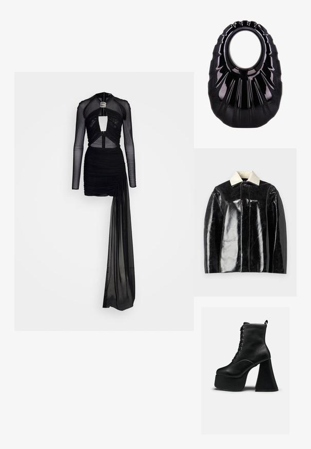 Sort glansjakke med en struktureret design, der har en krémhvid krave og en knaplukning, lavet af glat, shiny materiale.; David Koma CRYSTAL BUCKLE DIAMOND CUTOUT MINI DRESS - Cocktailkjole / festkjole - black/silver; Sort ankellang støvle med platform, snøring foran og bred blokhæl, glat lædertekstur og trække-flig bagpå.; Blank sort håndtaske med unikt plisseret design og stort ovalt udskåret håndtag centreret på en hvid baggrund.