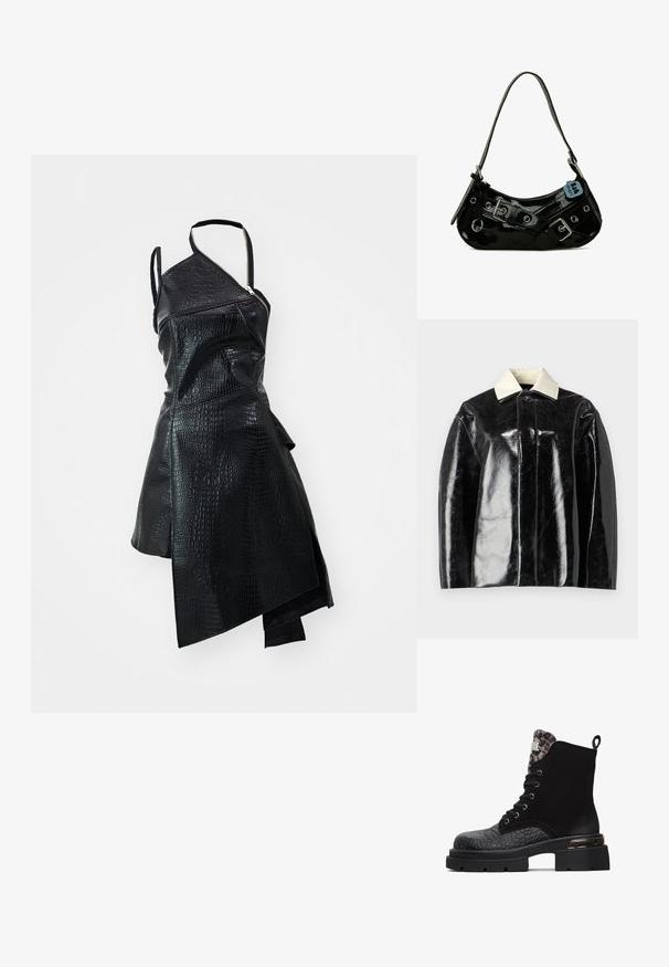 Schwarze glänzende Jacke mit strukturiertem Design, ausgestattet mit einem cremeweißen Kragen und einer Knopfschließe, aus glattem, glänzendem Material gefertigt.; Schwarzes, faux-ledernes Kleid mit asymmetrischem Design, strukturiertem Krokodil-Muster und seitlichem Reißverschluss. Mit schmalem Schulterträger.; Schwarze Knöchelstiefel mit einem strukturierten schwarzen Lederoberteil, glatten schwarzen Wildleders Seiten und einem Leopardenmuster-Futter, mit metallischen Akzenten und einer chunky Sohle.; Schwarze Lackleder-Handtasche mit geschwungener Form, ausgestattet mit silbernem Beschlag, dekorativen Schnallen und einem kurzen Griff. Blaue Anhängeschild befestigt.