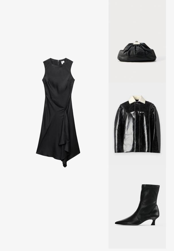 Schwarze glänzende Jacke mit strukturiertem Design, ausgestattet mit einem cremeweißen Kragen und einer Knopfschließe, aus glattem, glänzendem Material gefertigt.; Ärmelloses schwarzes Kleid mit rundem Ausschnitt und asymmetrischem, drapiertem Saum, ausgestattet mit einem Reißverschluss auf der Rückseite.; Schwarzer Leder-Stiefel bis zur Mitte der Wade mit spitzer Schuhspitze und niedrigem Kittenabsatz, seitlich auf hellem einfarbigem Hintergrund gezeigt.; Schwarze Leder-Clutch mit geraffter Textur, Metallverschluss und dezentem, auf der Vorderseite geprägtem Logo. Abgerundete Form.