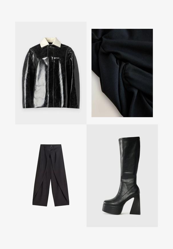 Schwarze glänzende Jacke mit strukturiertem Design, ausgestattet mit einem cremeweißen Kragen und einer Knopfschließe, aus glattem, glänzendem Material gefertigt.; Schwarzer Stoff mit sichtbarer Textur und Falten, die weiche Schatten und Lichtreflexe auf einer hellen Oberfläche erzeugen.; Schwarze Hose mit weitem Bein, überlappenden Vorderteilen und zwei Knöpfen am Bund, flach auf weißem Hintergrund präsentiert.; Schwarze Lederstiefel bis zum Knie mit einer klobigen Plattform und geometrischem hohen Absatz. Glatte Textur mit gesteppten Details am oberen Rand.