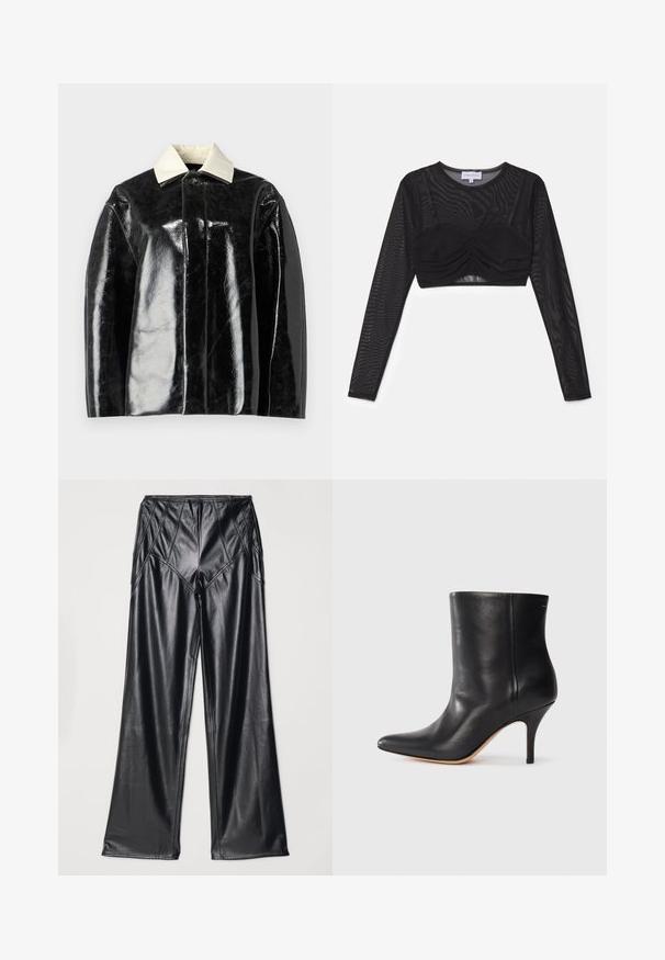 Sort glansjakke med en struktureret design, der har en krémhvid krave og en knaplukning, lavet af glat, shiny materiale.; Sort langærmet crop top lavet af gennemsigtig mesh-stof, med en samlet bustedetalje og et tætsiddende design. Etiketmærket er synligt ved halsen.; Sorte kunstlæderbukser med en glat tekstur, brede ben og syninger langs taljen og siderne. Præsenteret i flad visning.; Sort læder ankelstøvle med spids tå, slank stiletthæl og glat tekstur. Minimalistisk design uden synligt hardware eller accenter.