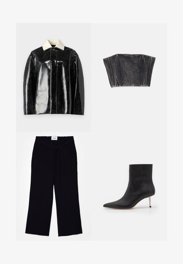 Sort glansjakke med en struktureret design, der har en krémhvid krave og en knaplukning, lavet af glat, shiny materiale.; Sort denim bustier med struktureret design, der har lodrette sømme og en tætsiddende, cropped form. Tekstureret overflade med subtil fading.; Sorte brede bukser lavet af et glat stof. Har en flad talje med bælteløkker og en ren finish ved kanterne.; Sorte læder ankelstøvler med spids tå og en tynd metallisk hæl. Glat tekstur med klare linjer og minimalistiske designfunktioner.