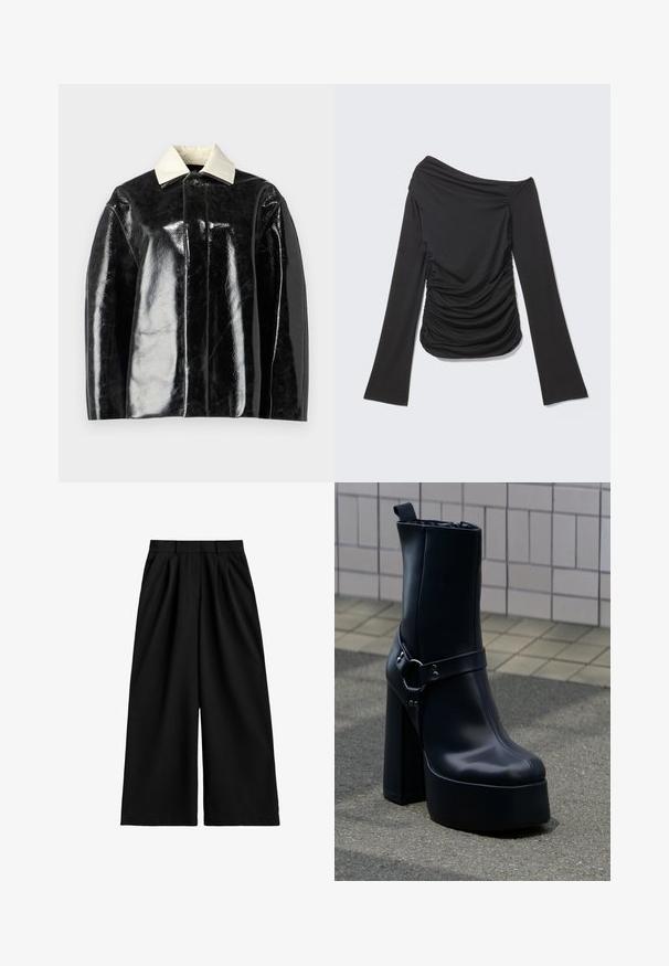Sort glansjakke med en struktureret design, der har en krémhvid krave og en knaplukning, lavet af glat, shiny materiale.; Sort langærmet top med asymmetrisk off-shoulder halsudskæring og rynkede detaljer på siderne og foran.; Sorte bukser med vide ben og høj talje, udstyret med bæltestropper, frontplisseringer og en ren, glat stoffinish.; Sort læder plateauankelstøvle med chunky høj hæl og dekorativ rem, placeret på grå fortov mod flisebelagt væg baggrund.