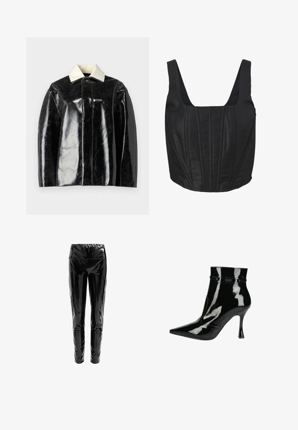 Schwarze glänzende Jacke mit strukturiertem Design, ausgestattet mit einem cremeweißen Kragen und einer Knopfschließe, aus glattem, glänzendem Material gefertigt.; QS MET X ELIF - Top - schwarz; Schwarze hochgeschnittene Hosen aus glänzendem, reflektierendem Material mit glatter Textur; figurbetontes Design, das sich an den Knöcheln verjüngt.; Schwarze Lackleder-Ankle Boots mit spitzer Zehenpartie, glänzender Oberfläche, eleganten Design und schmalem Stiletto-Absatz. Dekorative Riemenakzente.