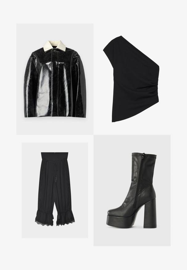 Sort glansjakke med en struktureret design, der har en krémhvid krave og en knaplukning, lavet af glat, shiny materiale.; Sort top med én skulder lavet af strækbart stof, med en detaljeret ruched side og en asymmetrisk kant. Glat tekstur med let fald.; Sorte bukser med vide ben og høj talje, snøre i taljen, blondekant på siderne og flæsekant med kvaster forneden.; Sort læder ankelstøvle med høj blokhæl, platformssål og lynlås på siden til lukning. Glat tekstur med topstikningsdetalje.
