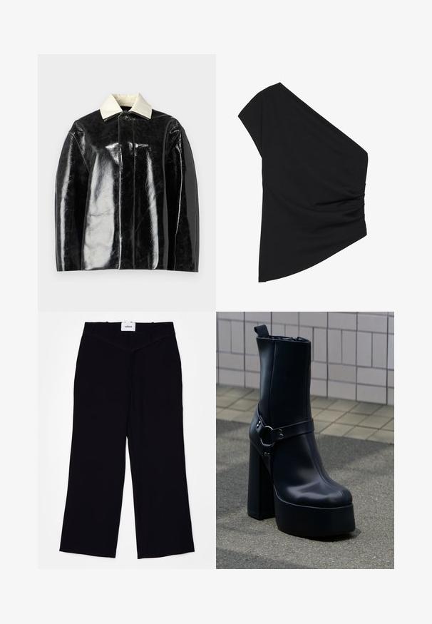 Sort glansjakke med en struktureret design, der har en krémhvid krave og en knaplukning, lavet af glat, shiny materiale.; Sort top med én skulder lavet af strækbart stof, med en detaljeret ruched side og en asymmetrisk kant. Glat tekstur med let fald.; Sorte brede bukser lavet af et glat stof. Har en flad talje med bælteløkker og en ren finish ved kanterne.; Sort læder plateauankelstøvle med chunky høj hæl og dekorativ rem, placeret på grå fortov mod flisebelagt væg baggrund.