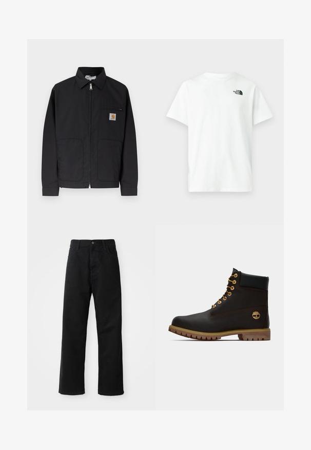Sort lynlåsskjorte med krave, to forlommer og et lille logopatch på øverste venstre brystlomme.; Hvid bomuld t-shirt med korte ærmer og rund halsudskæring, med en lille sort logo af The North Face på venstre bryst.; Sorte denimbukser med lige snit, der har frontlommer, lynlås og en enkelt knap i toppen. Struktureret stof med en mat finish.; Sorte læder ankelstøvle med gyldne øjer, brune detaljer og gummisål. Har en polstret krave og præget logo på siden.