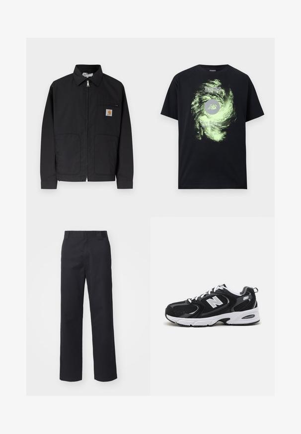 Sort lynlåsskjorte med krave, to forlommer og et lille logopatch på øverste venstre brystlomme.; Sort kortærmet T-shirt med grafik af en grøn, hvirvlende galakse, teksten "New Balance Athletics Inc." og teksten "Running Since 1906" over logoet.; Sorte lige benbukser lavet af bomuldsblandet stof. Har en flad frontbetræk med bæltesløjfer og ingen synlig hardware eller udsmykninger.; Sorte og grå sportssko med mesh og ruskind på overdelen, der har en hvid mellemsål, snørebånd og et iøjnefaldende "N" logo på siden.