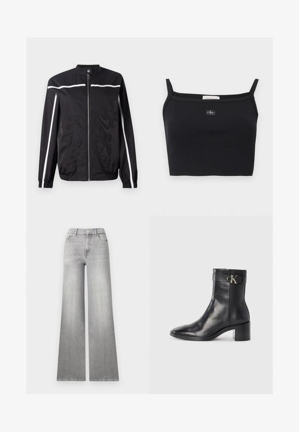 Zwarte nylonjas met een opstaande kraag, ritssluiting aan de voorkant, witte strepen en vlammenpatronen op de voorkant gestikt. Voorzien van elastische manchetten.; Zwart geribbeld cropped topje met dunne bandjes en een klein Calvin Klein-logo patch in het midden van de borst.; Grijze denim jeans met wijde pijpen en een vervaagde afwerking, voorzak en knoopsluiting. Heeft een rechte pijp en een klassieke zoom.; Zwarte leren enkellaars met een spitse neus, blokhak en een bandje met een metallic logo. Gladde textuur en minimalistisch ontwerp.