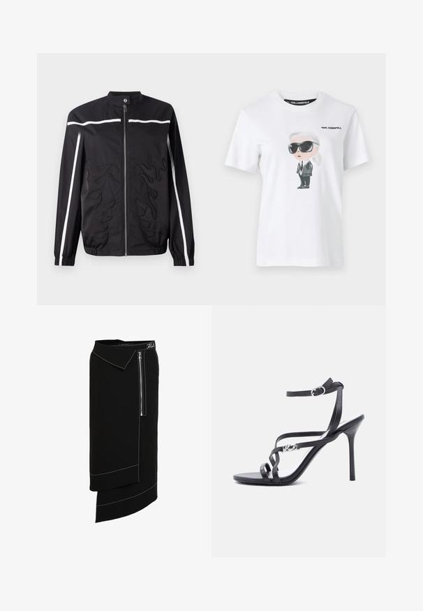 Veste en nylon noir avec col montant, fermeture zippée devant, bandes blanches et motifs de flammes brodés sur le devant. Manchettes élastiques.; T-shirt en coton blanc avec une illustration graphique d'un personnage portant des lunettes de soleil noires et un costume. L'étiquette indique "KARL LAGERFELD."; Jupe midi noire avec un large col, dotée d'une fermeture éclair sur le côté, d'accents de couture blancs et d'un design d'ourlet asymétrique. Texture lisse.; Sandale à talon noir avec fines lanières, boucle à la cheville et détail logo en métal sur la lanière latérale, sur fond blanc.