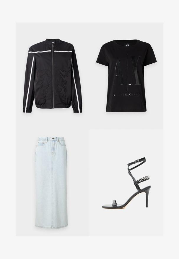 Veste en nylon noir avec col montant, fermeture zippée devant, bandes blanches et motifs de flammes brodés sur le devant. Manchettes élastiques.; T-shirt en coton noir à manches courtes, arborant un grand logo "AX" brillant et le texte "ARMANI EXCHANGE" au centre.; Jupe maxi en denim bleu clair avec un design droit, fermeture à boutons sur le devant et couture visible. Elle comporte deux poches avant.; Sandale noire à talon haut avec fine bride à la cheville, bride médiane décorée de maillons de chaîne argentés, et design à bout ouvert.