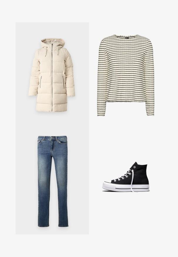 Manteau matelassé beige avec un motif en velours côtelé texturé, fermeture éclair sur le devant, capuche ajustable et deux poches latérales zippées, présentant une coupe longue et ajustée.; T-shirt à manches longues en tissu texturé crème avec de fines rayures horizontales noires, présentant un col rond et un ourlet droit.; Jean en denim bleu foncé avec une coupe droite. Comprend des passants de ceinture, deux poches avant et un léger délavage. Design classique à cinq poches.; Baskets montantes en toile noire avec semelle en caoutchouc blanche et lacets blancs, vues de côté sur un fond blanc.