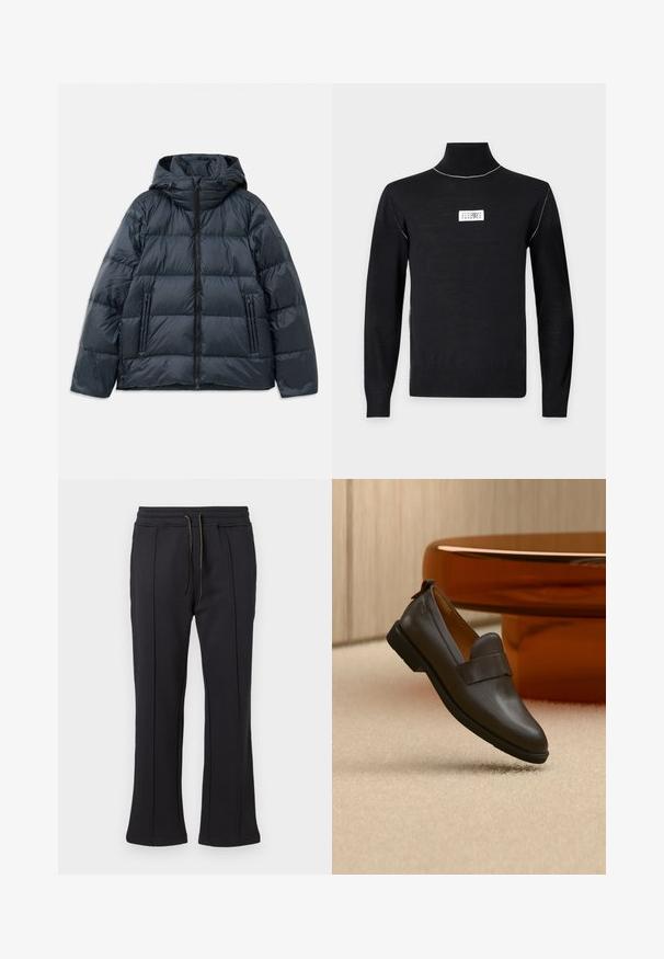 Veste rembourrée bleu marine foncé avec capuche, design matelassé, fermeture éclair sur le devant et deux poches latérales zippées ; texture lisse et brillante.; Pull noir à col roulé manches longues avec des coutures blanches sur les épaules et un petit patch logo rectangulaire blanc sur la poitrine.; Un pantalon de survêtement noir avec une coupe évasée, doté de deux poches zippées sur les côtés et d'une taille réglable avec cordon de serrage. Texture lisse et branding minimal.; Mocassin en cuir marron foncé avec un petit talon flottant au-dessus d'un tapis beige, à côté d'une table brillante, arrondie et de couleur ambre.